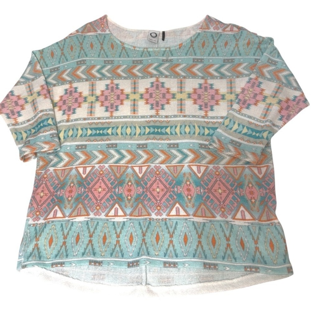 AKEMI + KIN Sweater Geometric Crew Neck 3/4 Sleeve Southwest Boho Teal Pink LG‎